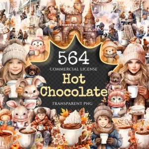 Hot Chocolate Watercolor Clipart Bundle - 560+ transparent PNG, Seasonal warm beverage png, Cozy chocolate, Commercial use, Digital download