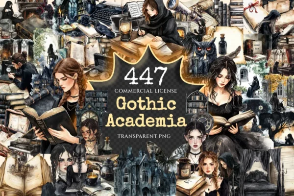 Gothic Academia Watercolor Clipart Bundle - 443+ transparent PNG, Academic mystery images, Gothic study png, Commercial use,Digital download