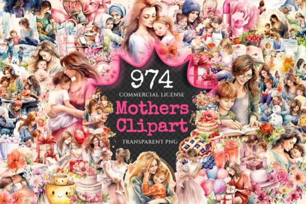 Mothers Watercolor Clipart Bundle - 970+ transparent PNG, Maternal affection graphics, Warm mom's day png, Commercial use, Digital download