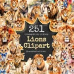 Lions Watercolor Clipart Bundle - 248+ transparent PNG, Savanna lion illustrations, Regal wildlife graphics, Commercial use,Digital download