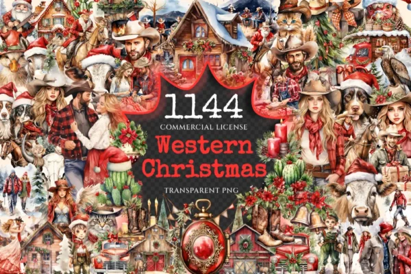 Western Christmas Watercolor Clipart Bundle - 1140+ transparent PNG, Festive western graphics, Cowboy png, Commercial use, Digital download