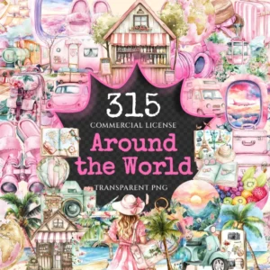 Around the World Watercolor Clipart Bundle - 312+ transparent PNG, Cute travel graphics, Travel png images, Commercial use, Digital download