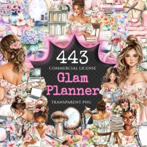 Glam Planner Watercolor Clipart Bundle - 440+ transparent PNG, Trendy organizing graphics, Stylish designs, Commercial use, Digital download