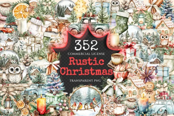 Rustic Christmas Watercolor Clipart Bundle - 348+ transparent PNG, Warm holiday scenes, Rustic x-mas images, Commercial use,Digital download