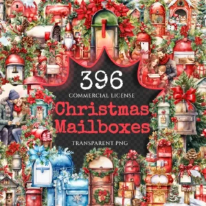 Christmas Mailboxes Watercolor Clipart Bundle - 392+ transparent PNG, Holiday postcard png, X-mas images, Commercial use, Digital download