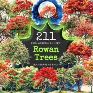 Rowan Trees Watercolor Clipart Bundle - 208+ transparent PNG, Mystical tree illustrations, Enchanted decor, Commercial use, Digital download
