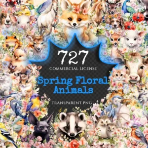 Spring Floral Animals Watercolor Clipart Bundle - 723+ transparent PNG, Spring pets graphics, Floral images, Commercial use,Digital download