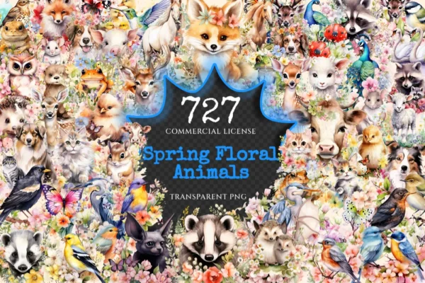 Spring Floral Animals Watercolor Clipart Bundle - 723+ transparent PNG, Spring pets graphics, Floral images, Commercial use,Digital download