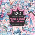 Pink & Blue Christmas Watercolor Clipart Bundle - 515+ transparent PNG, Pastel holiday scenes, Festive png, Commercial use, Digital download