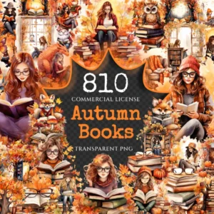 Autumn Books Watercolor Clipart Bundle - 805+ transparent PNG, Adorable bookworm graphics, Autumn book art, Commercial use, Digital download