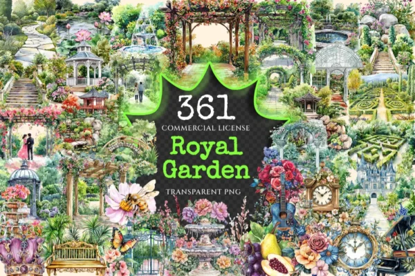 Royal Garden Watercolor Clipart Bundle - 358+ transparent PNG, Royal botanical graphics, Elegant garden png, Commercial use,Digital download
