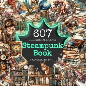 Steampunk Books Watercolor Clipart Bundle - 603+ transparent PNG, Retro sci-fi books images, Futuristic art, Commercial use,Digital download