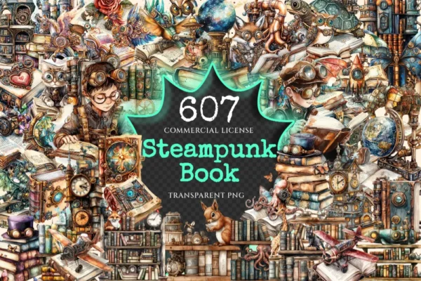 Steampunk Books Watercolor Clipart Bundle - 603+ transparent PNG, Retro sci-fi books images, Futuristic art, Commercial use,Digital download