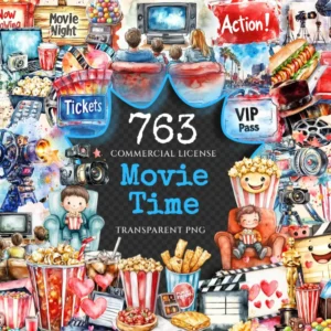 Movie Time Watercolor Clipart Bundle - 760+ transparent PNG, Cinema snacks illustration, Movie night art, Commercial use, Digital download