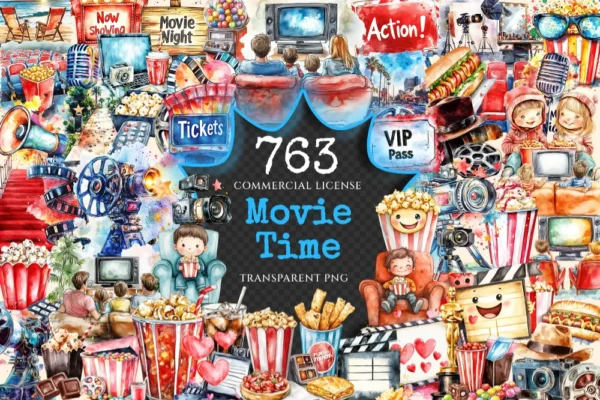 Movie Time Watercolor Clipart Bundle - 760+ transparent PNG, Cinema snacks illustration, Movie night art, Commercial use, Digital download