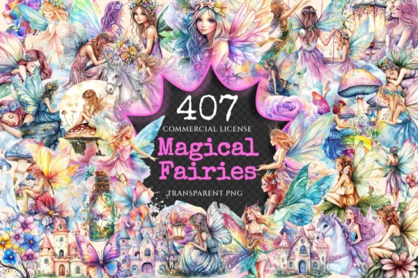 Magical Fairies Watercolor Clipart Bundle - 403+ transparent PNG, Fairy magic graphics, Enchanting images, Commercial use, Digital download