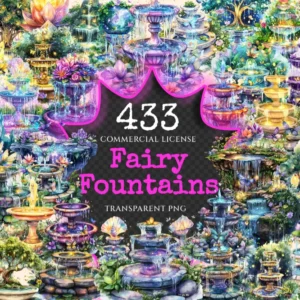Fairy Fountains Watercolor Clipart Bundle - 427+ transparent PNG, Magical garden graphics, Enchanted fairy, Commercial use, Digital download