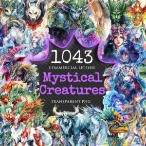 Mystical Creatures Watercolor Clipart Bundle - 1037+ transparent PNG, Mythical creatures png, Magical art, Commercial use, Digital download
