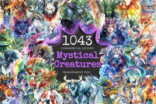 Mystical Creatures Watercolor Clipart Bundle - 1037+ transparent PNG, Mythical creatures png, Magical art, Commercial use, Digital download