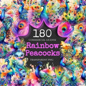 Rainbow Peacocks Watercolor Clipart Bundle - 175+ transparent PNG, Vibrant bird png, Colorful feathered art, Commercial use,Digital download