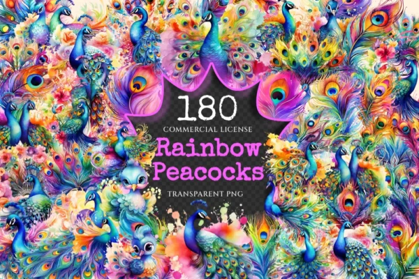 Rainbow Peacocks Watercolor Clipart Bundle - 175+ transparent PNG, Vibrant bird png, Colorful feathered art, Commercial use,Digital download