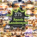 Ranch Landscapes Watercolor Clipart Bundle - 370+ transparent PNG, Western town scenes, Rustic scenic art, Commercial use, Digital download