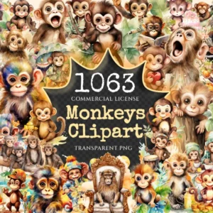 Monkeys Watercolor Clipart Bundle - 1060+ transparent PNG, Jungle animals graphics, Cute nursery images, Commercial use, Digital download