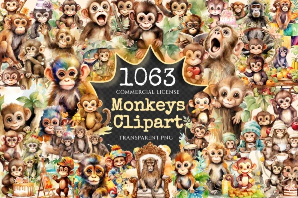 Monkeys Watercolor Clipart Bundle - 1060+ transparent PNG, Jungle animals graphics, Cute nursery images, Commercial use, Digital download