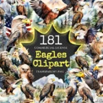 Eagles Watercolor Clipart Bundle - 177+ transparent PNG, Forest eagle illustration, Alpine bird graphics, Commercial use, Digital download
