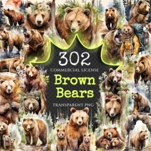 Brown Bears Watercolor Clipart Bundle - 298+ transparent PNG, Forest wildlife graphics, Grizzly png images, Commercial use, Digital download