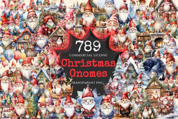 Christmas Gnomes Watercolor Clipart Bundle - 785+ transparent PNG, Festive magic graphics, Holiday gnome png,Commercial use,Digital download