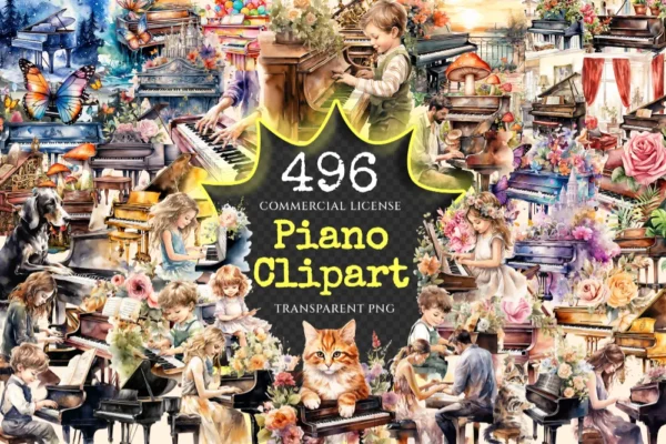 Piano Watercolor Clipart Bundle - 492+ transparent PNG, Musical instrument graphics, Melodic piano keys, Commercial use, Digital download