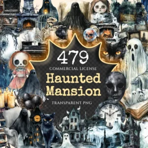 Haunted Mansion Watercolor Clipart Bundle - 475+ transparent PNG, Eerie house png, Ghostly spooky decor, Commercial use, Digital download