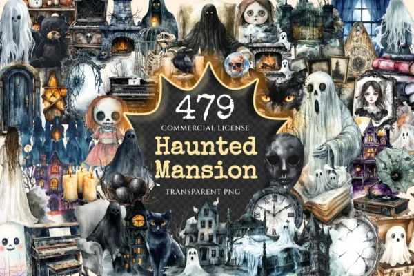 Haunted Mansion Watercolor Clipart Bundle - 475+ transparent PNG, Eerie house png, Ghostly spooky decor, Commercial use, Digital download