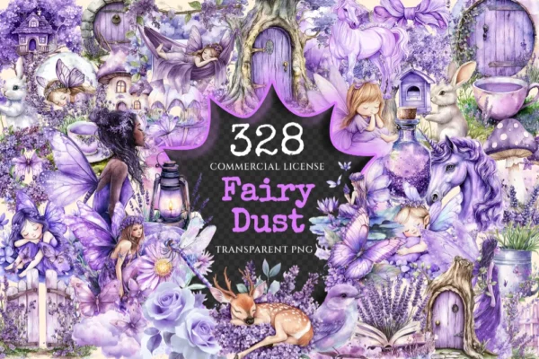 Fairy Dust Watercolor Clipart Bundle - 325+ transparent PNG, Fairytale purple graphics, Whimsical lilac art, Commercial use,Digital download