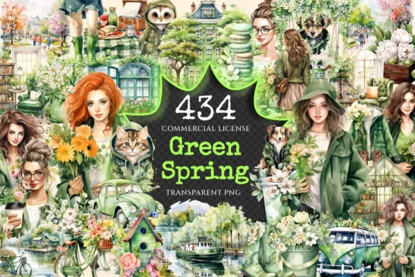 Green Spring Watercolor Clipart Bundle - 430+ transparent PNG, Cute spring girl graphics, Cozy spring png, Commercial use,Digital download