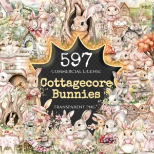 Cottagecore Bunnies Watercolor Clipart Bundle - 594+ transparent PNG, Rustic rabbit graphics, Cute bunny, Commercial use, Digital download