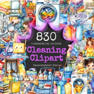 Cleaning Watercolor Clipart Bundle - 825+ transparent PNG, Cleaning supplies illustration, Sanitation png, Commercial use, Digital download