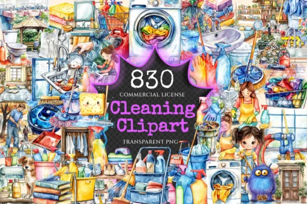 Cleaning Watercolor Clipart Bundle - 825+ transparent PNG, Cleaning supplies illustration, Sanitation png, Commercial use, Digital download