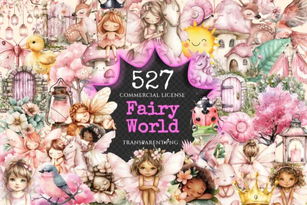Fairy World Watercolor Clipart Bundle - 523+ transparent PNG, Whimsical fairy garden graphics, Unicorn png, Commercial use, Digital download