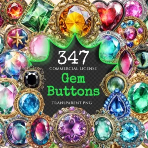Gem Buttons Watercolor Clipart Bundle - 343+ transparent PNG, Shimmering gem button png, Decorative art, Commercial use, Digital download