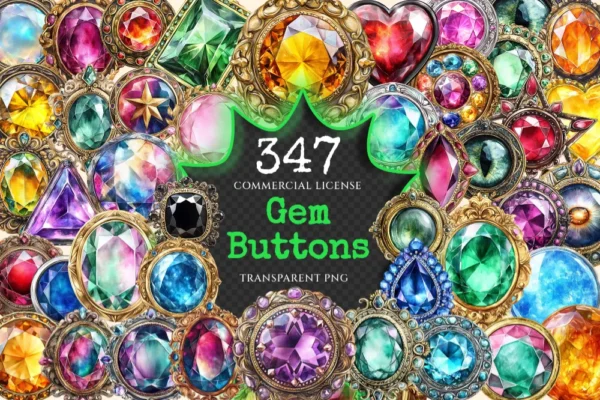 Gem Buttons Watercolor Clipart Bundle - 343+ transparent PNG, Shimmering gem button png, Decorative art, Commercial use, Digital download