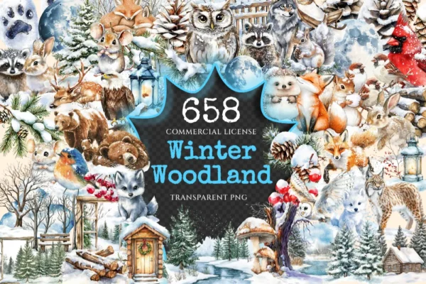 Winter Woodland Watercolor Clipart Bundle - 655+ transparent PNG, Winter animal graphics, Cute winter images,Commercial use,Digital download