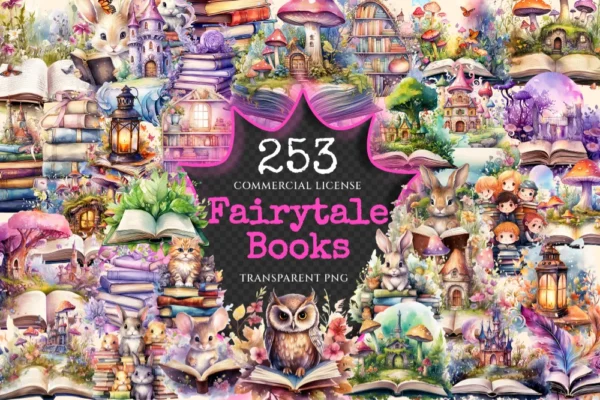 Fairytale Books Watercolor Clipart Bundle - 248+ transparent PNG, Cute storybook graphics, Magical images, Commercial use, Digital download