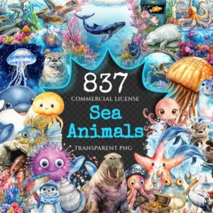 Sea Animals Watercolor Clipart Bundle - 832+ transparent PNG, Marine wildlife graphics, Ocean creature art, Commercial use, Digital download