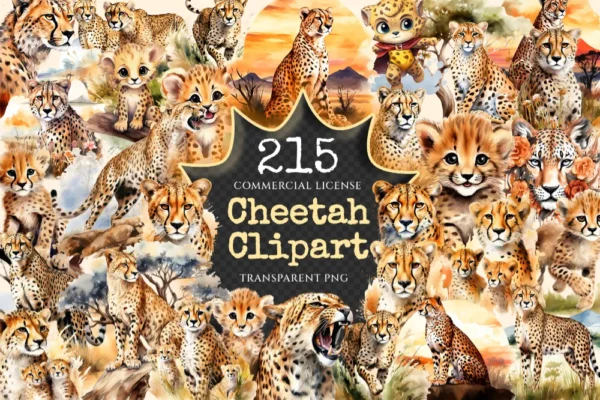 Cheetah Watercolor Clipart Bundle - 211+ transparent PNG, Safari cheetah graphics, Wild savanna images, Commercial use, Digital download