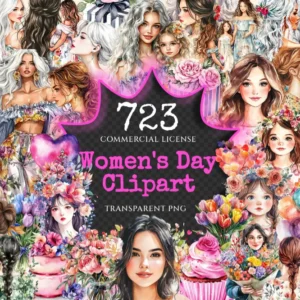 Women's Day Watercolor Clipart Bundle - 720+ transparent PNG, Graceful women graphics, Stylish female art, Commercial use, Digital download