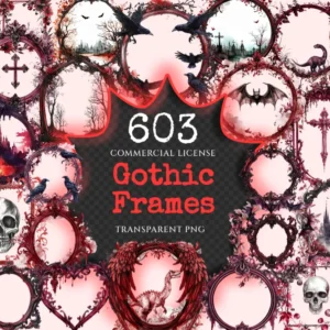 Gothic Frames Watercolor Clipart Bundle - 600+ transparent PNG, Crimson decorative frame art, Red borders, Commercial use, Digital download