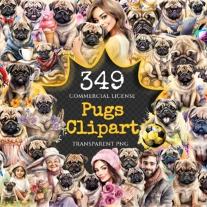 Pugs Watercolor Clipart Bundle - 345+ transparent PNG, Charming pug illustrations, Playful puppy graphics, Commercial use, Digital download