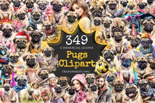Pugs Watercolor Clipart Bundle - 345+ transparent PNG, Charming pug illustrations, Playful puppy graphics, Commercial use, Digital download